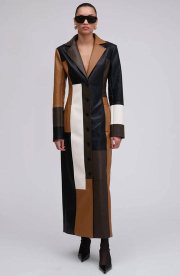 Fashion Color-Block Leather Long Coat