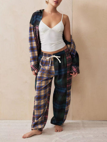 Unique Plaid Trousers Loose Stitching Pajama Set