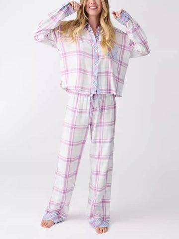 Casual Plaid Printed Shirt Lace-up Pants Pajama Set