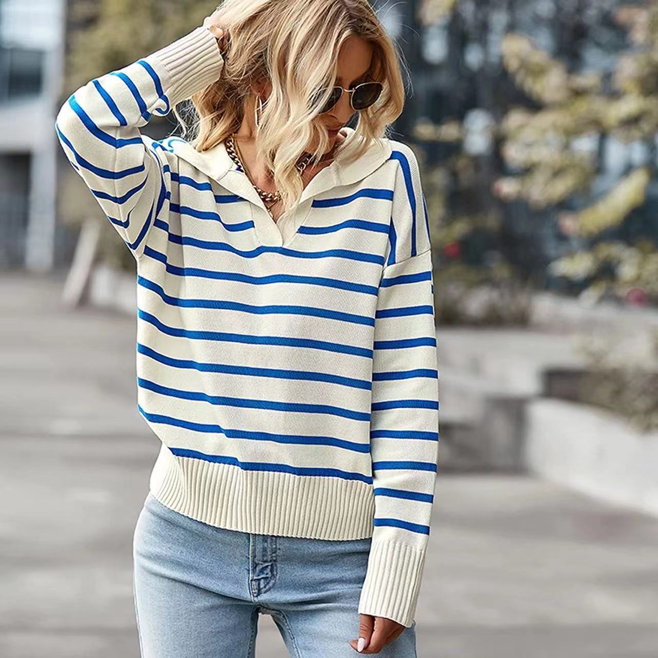 Striped V-Neck Sweater - Casual and Trendy for Everyday Wear