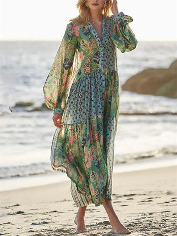 Wisherryy Boho Floral Patchwork Ruffle Maxi Dress