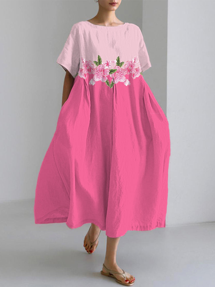 Women's Pink Flowers Embroidery Pattern Linen Blend Dress